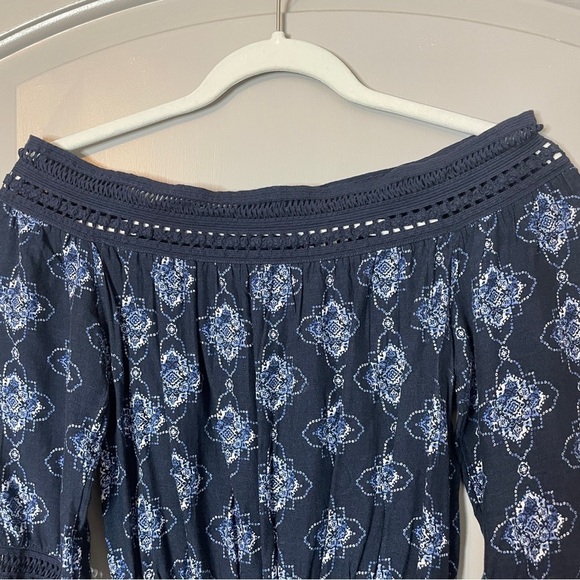 Hollister Romper Size XS Navy Blue Off Shoulder Boho Tassel Drawstring Waist - Picture 7 of 7